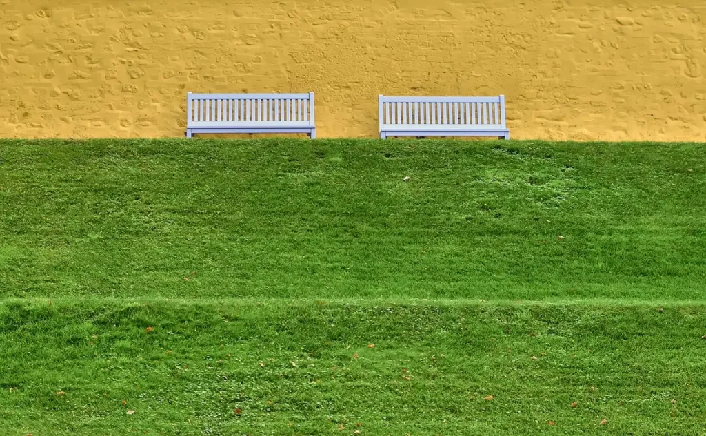 Terrasse d'hôtel en journée avec coupes de champagne et jardin en arrière-plan
