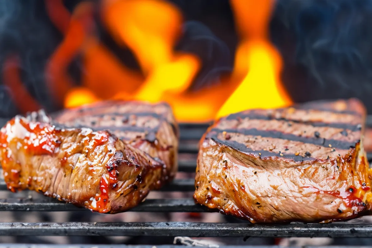 Badigeonnage d'une pièce de viande sur un barbecue en journée